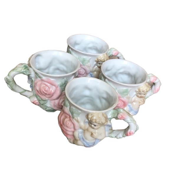 Avon rose cherubs porcelain teapot & 4  matching cups set girls tea party - Picture 6 of 13